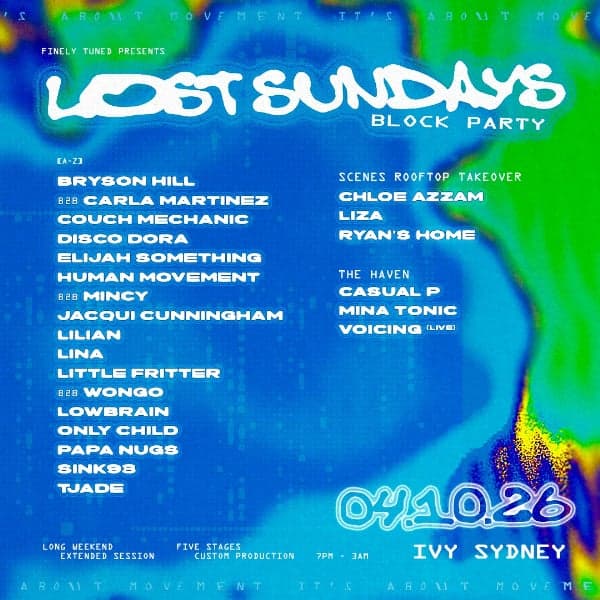 Lost Sundays Block Party - October 4 [Long Weekend] ft. Papa Nugs, Tjade, Human Movement b2b Mincy, Little Fritter b2b Wongo, Elijah Something, Bryson Hill b2b Carla Martinez, and more!